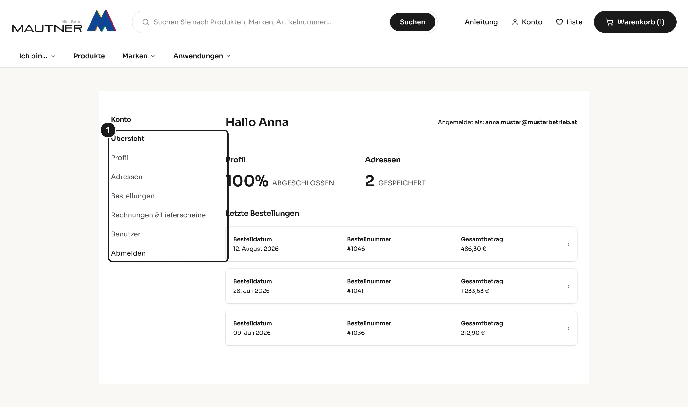 Kundenkonto im MAUTNER Online-Shop mit dem Menü auf der linken Seite