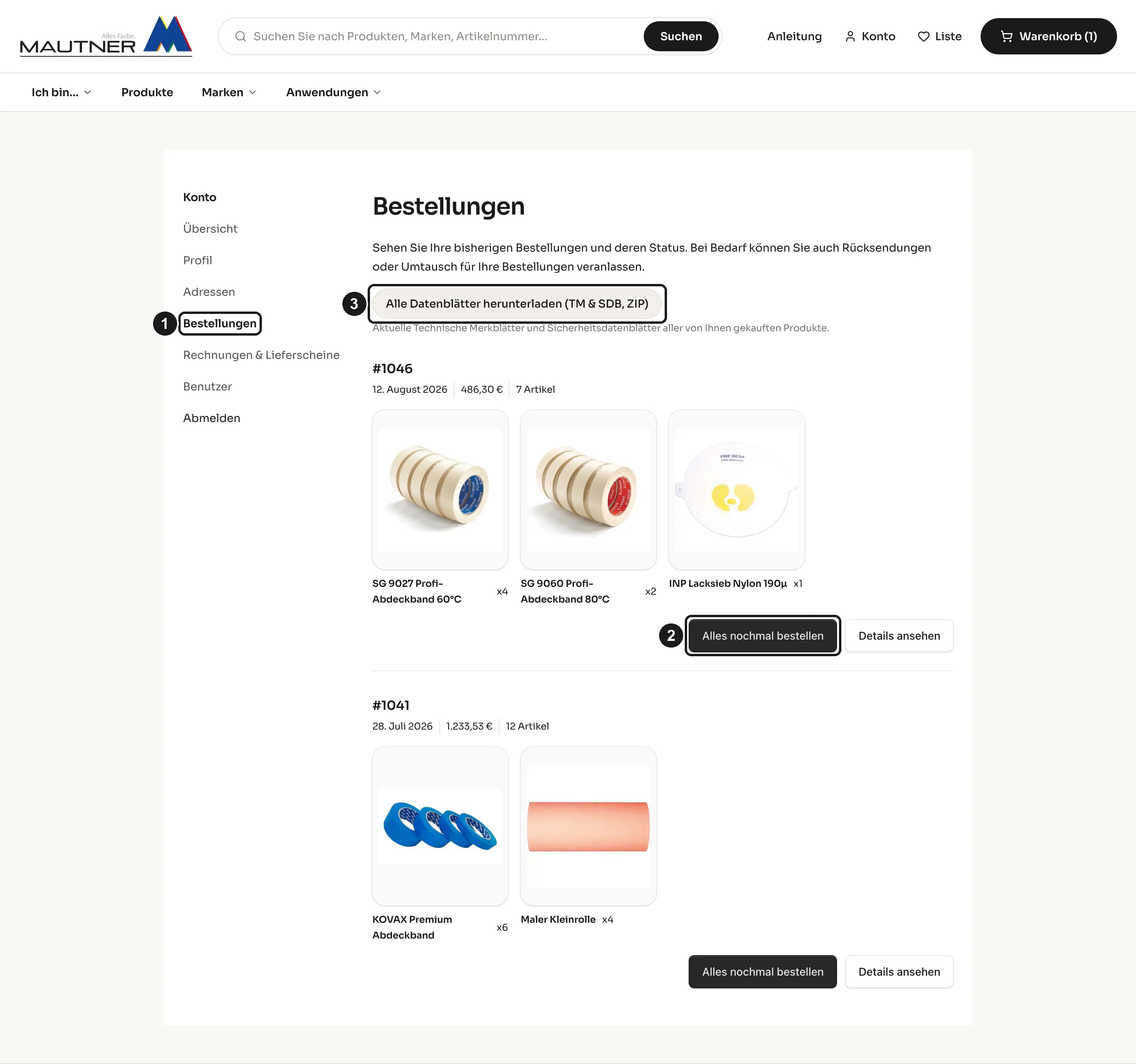 Bestellungen im Kundenkonto des MAUTNER Online-Shops mit Nachbestellen und Datenblatt-Download