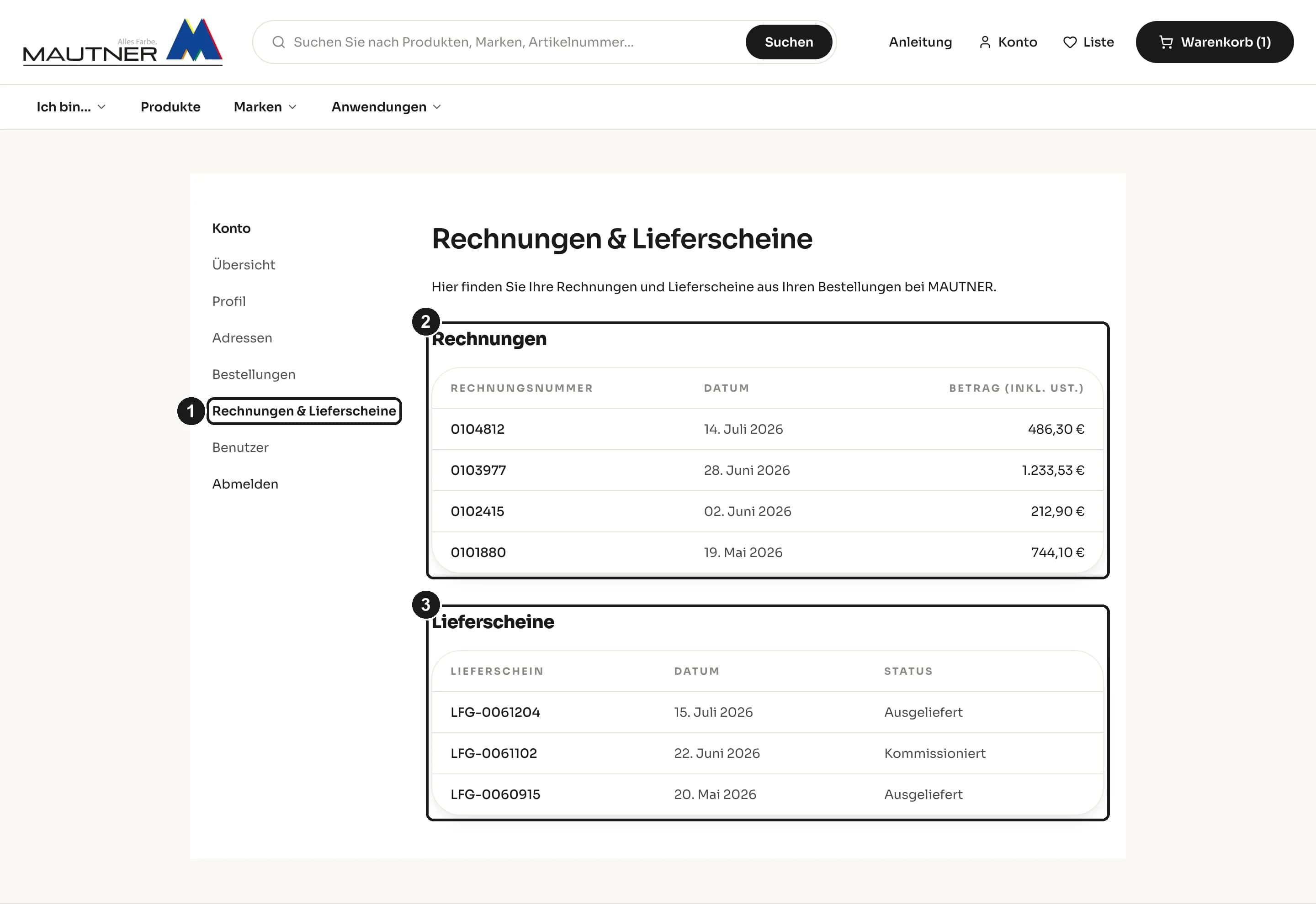 Rechnungen und Lieferscheine im Kundenkonto des MAUTNER Online-Shops